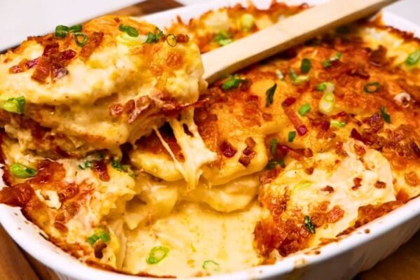 Easy Loaded Scalloped Potato Casserole, homemade and freshly served