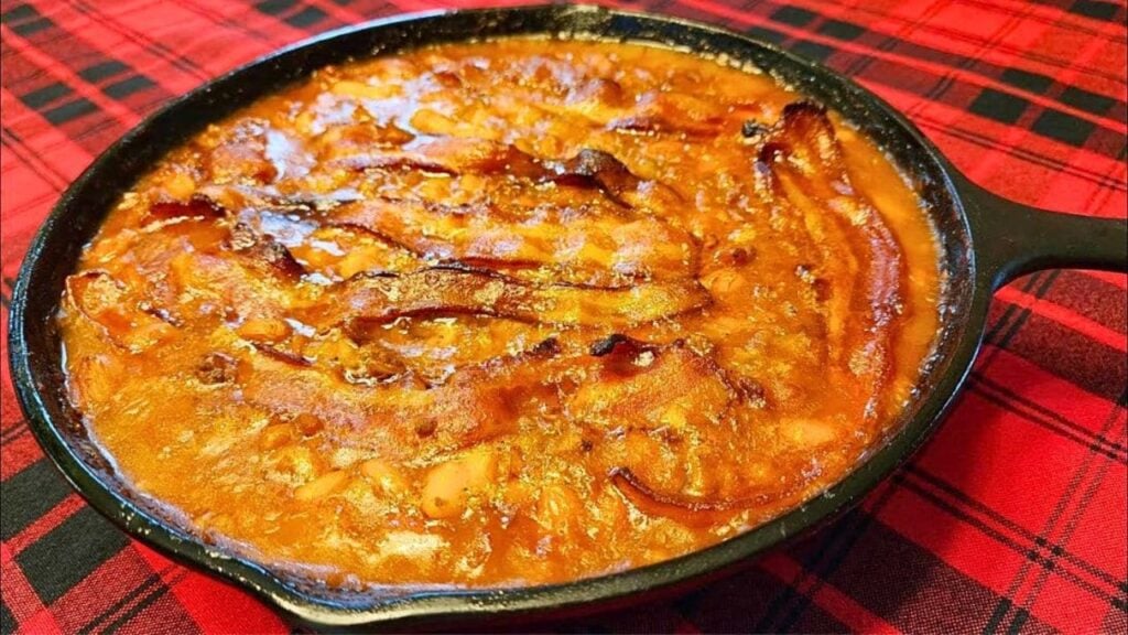 Easy Skillet Cowboy Beans w/ Bacon & Beef, homemade and freshly served