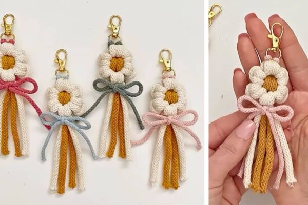 Finished Easy Macrame Daisy Keychain, a completed DIY project