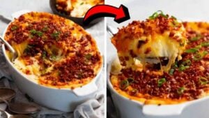 Easy Mashed Potato Casserole, homemade and freshly served