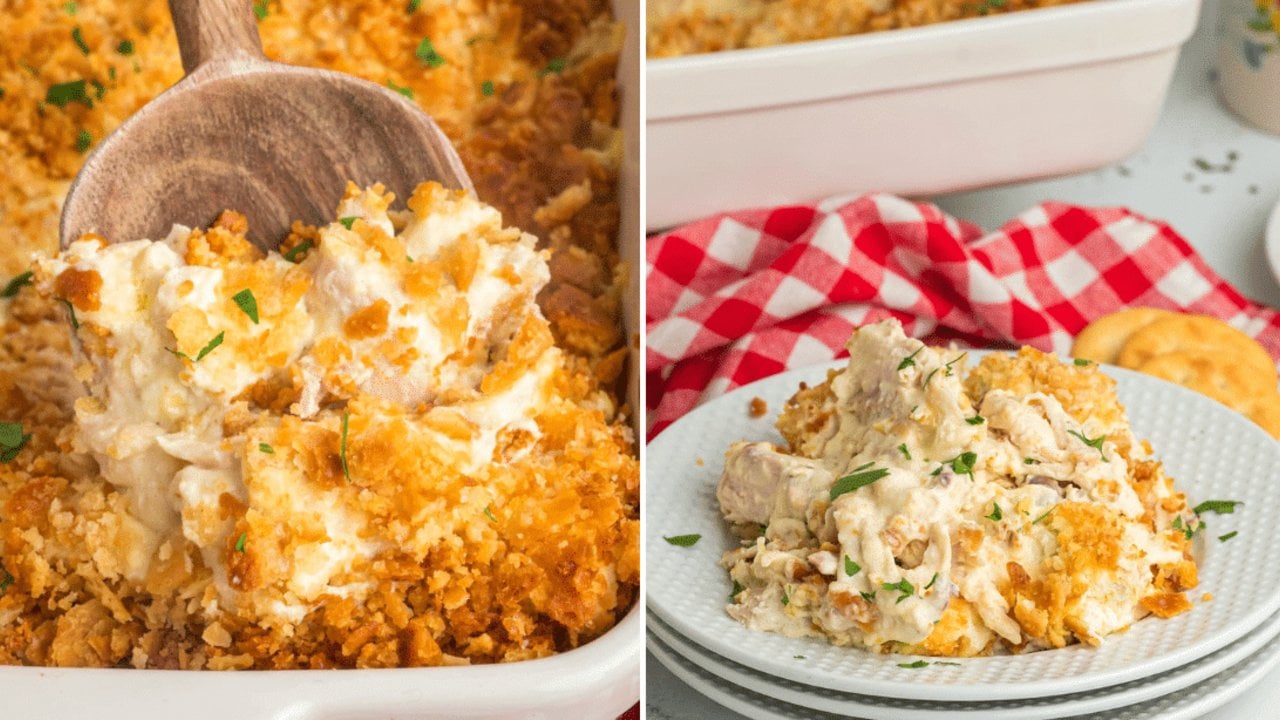 Million dollar chicken casserole with a golden crushed Ritz cracker topping and fresh parsley for a fast family dinner