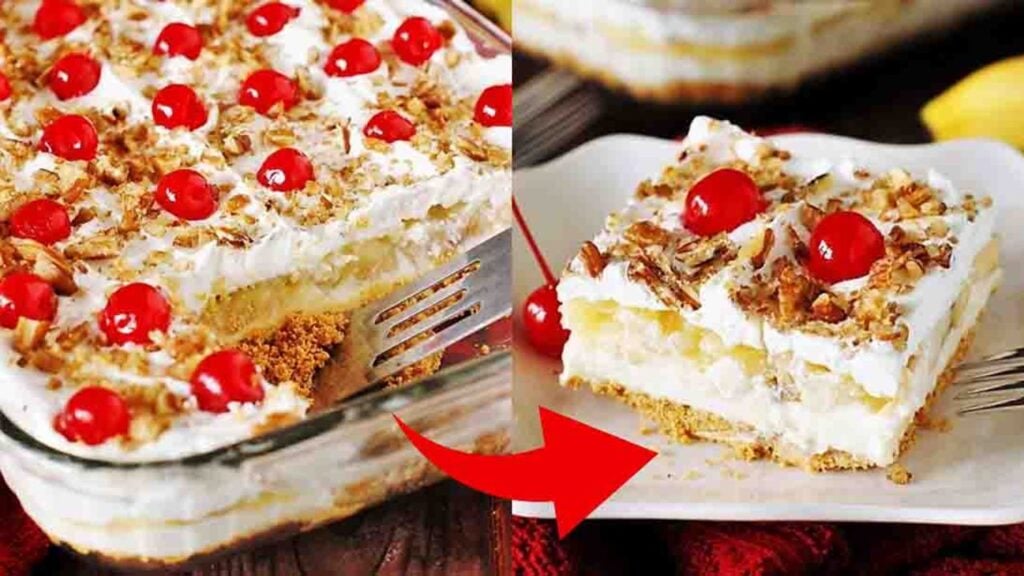 Easy No-Bake Banana Split Cake, homemade and freshly served