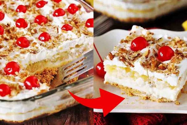 Easy No-Bake Banana Split Cake, homemade and freshly served