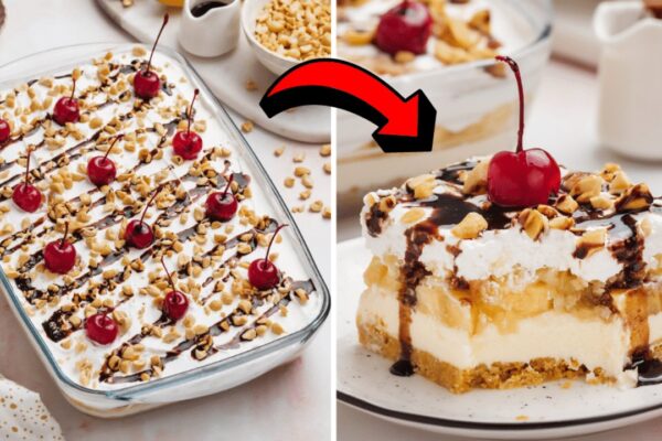 Easy 30-Minute Banana Split Cake, homemade and freshly served