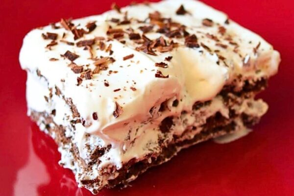Easy No-Bake 3-Ingredient Chocolate Icebox Cake, homemade and freshly served