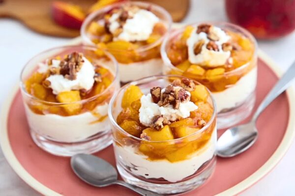 Easy No-Bake Keto Peach Cheesecake, homemade and freshly served