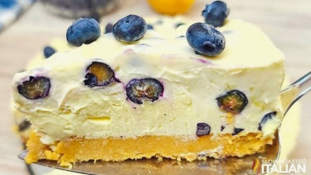 Easy No-Bake Lemon Blueberry Cheesecake, homemade and freshly served