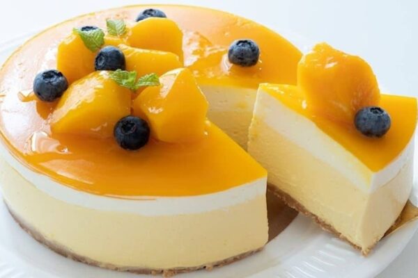 Easy No-Bake Mango Cheesecake, homemade and freshly served