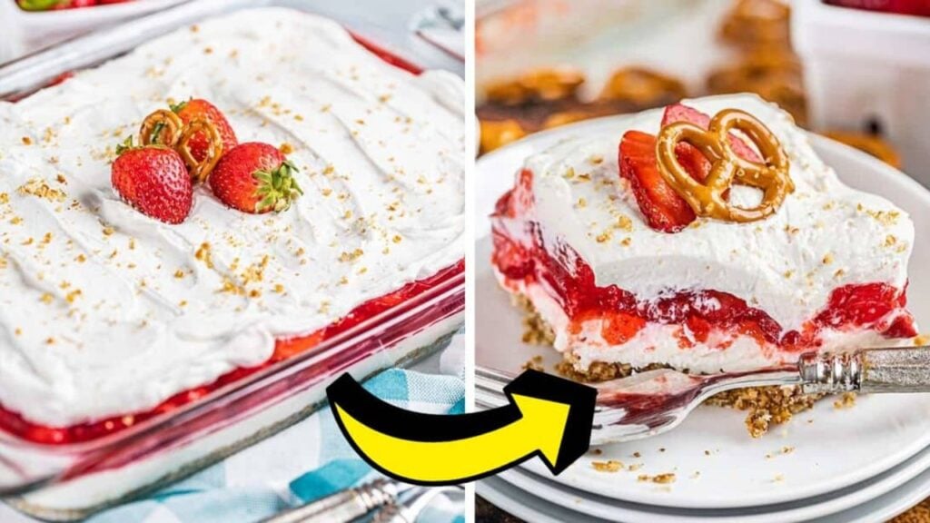 Grandma’s Easy Strawberry Pretzel Salad, homemade and freshly served