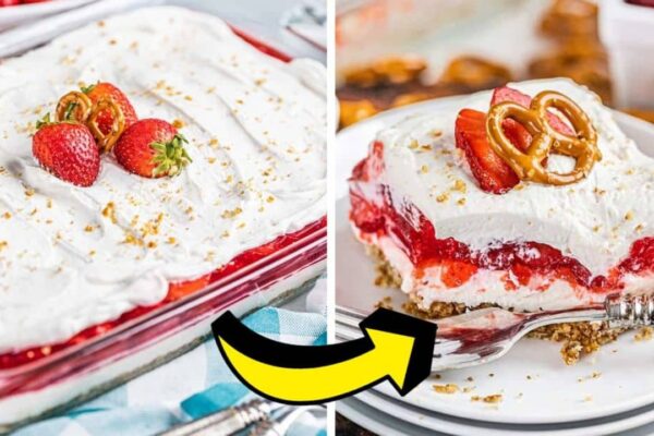 Grandma’s Easy Strawberry Pretzel Salad, homemade and freshly served