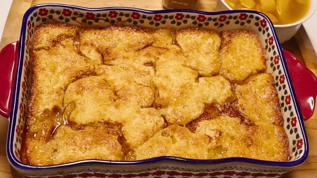 Easy No-Fail Peach Cobbler, homemade and freshly served