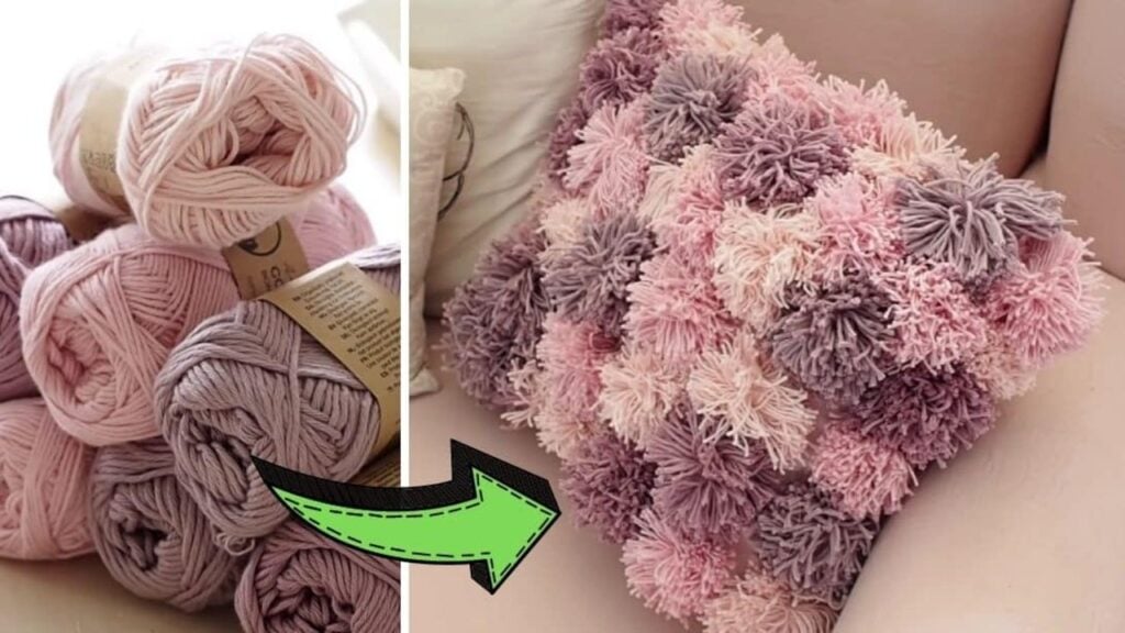 Finished Super Easy No-Sew Pom Pom Cushion, a completed DIY project