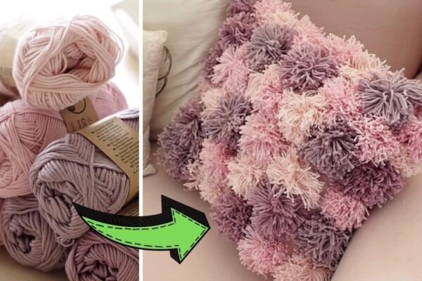Finished Super Easy No-Sew Pom Pom Cushion, a completed DIY project