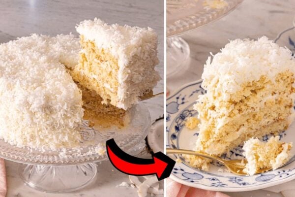 Easy Old-Fashioned Coconut Cake, homemade and freshly served