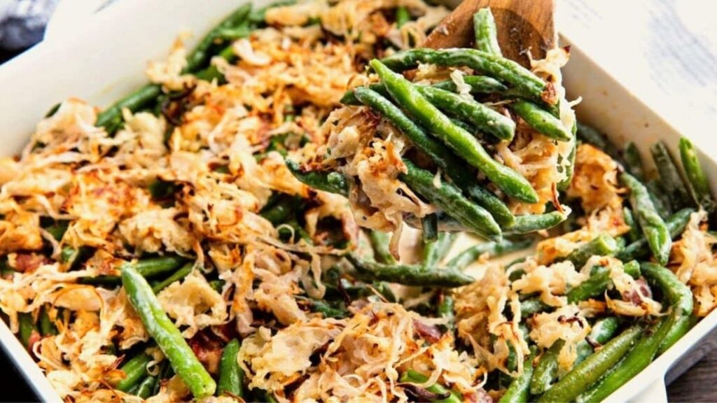 Old-Fashioned Green Bean Casserole, homemade and freshly served