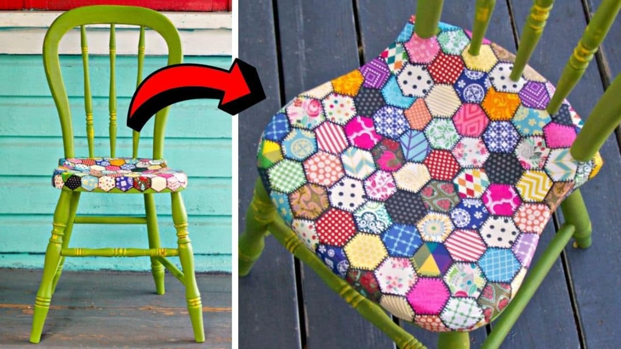 DIY decoupage quilt chair, a lime green spindle chair with a seat covered in colorful hexagon paper patches and stitch lines