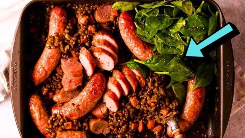 Easy One-Pan Baked Sausages & Lentils, homemade and freshly served
