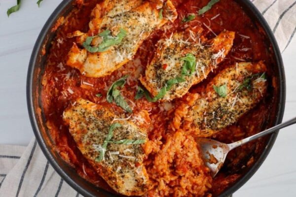 One-Pan Tomato Basil Chicken & Rice, homemade and freshly served