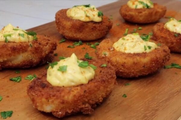 Easy Pan-Fried Deviled Eggs, homemade and freshly served