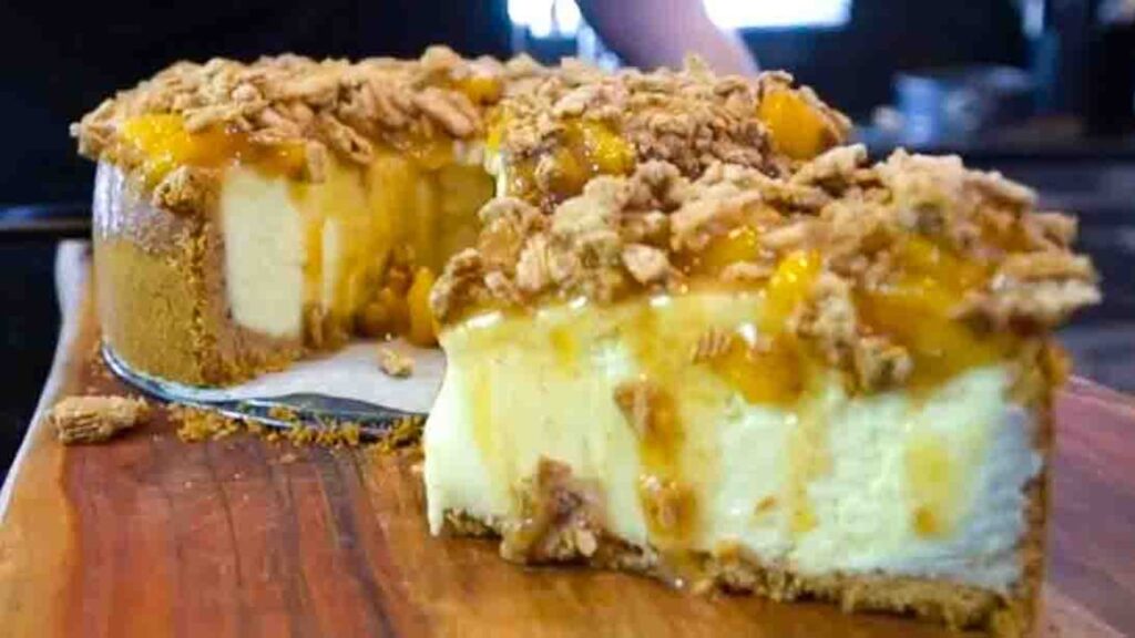 Easy Peach Cobbler Cheesecake, homemade and freshly served