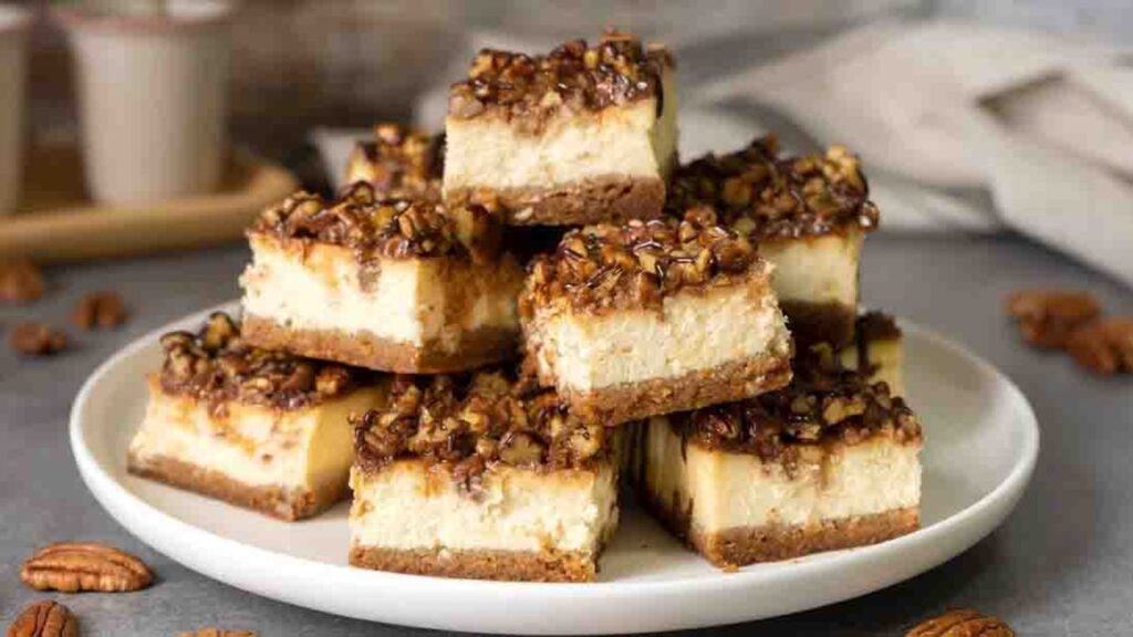 Easy Pecan Cheesecake Bars, homemade and freshly served
