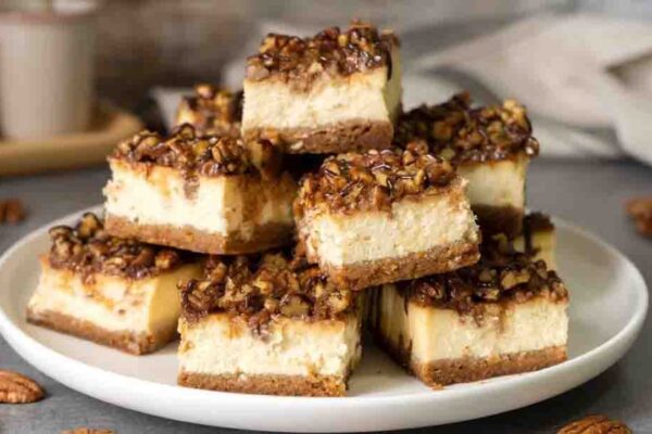 Easy Pecan Cheesecake Bars, homemade and freshly served