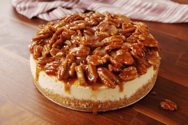 Easy Pecan Pie Cheesecake, homemade and freshly served