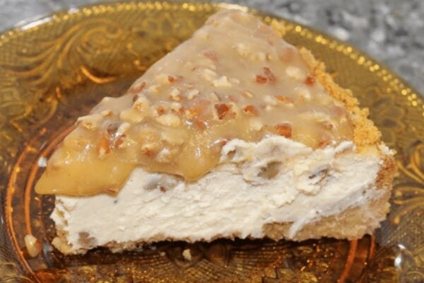 Easy Pecan Praline Cheesecake, homemade and freshly served
