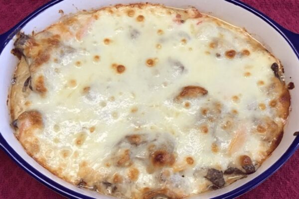 Grandma's Philly Cheesesteak Casserole, homemade and freshly served