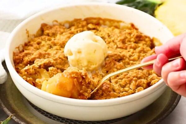 Super Easy Pineapple Crisp, homemade and freshly served