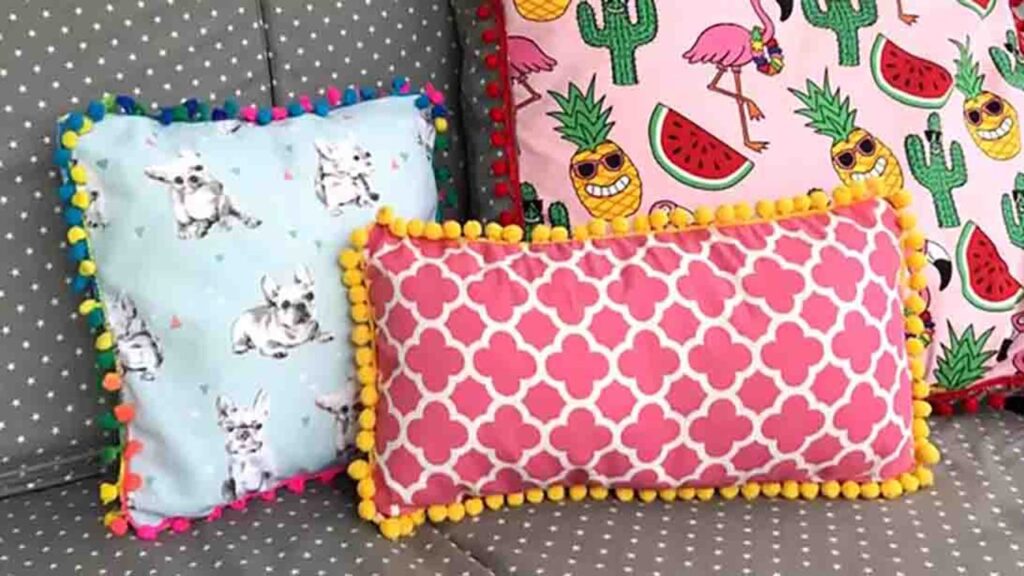 Finished Easy Pom Pom Cushion Cover, a completed DIY project