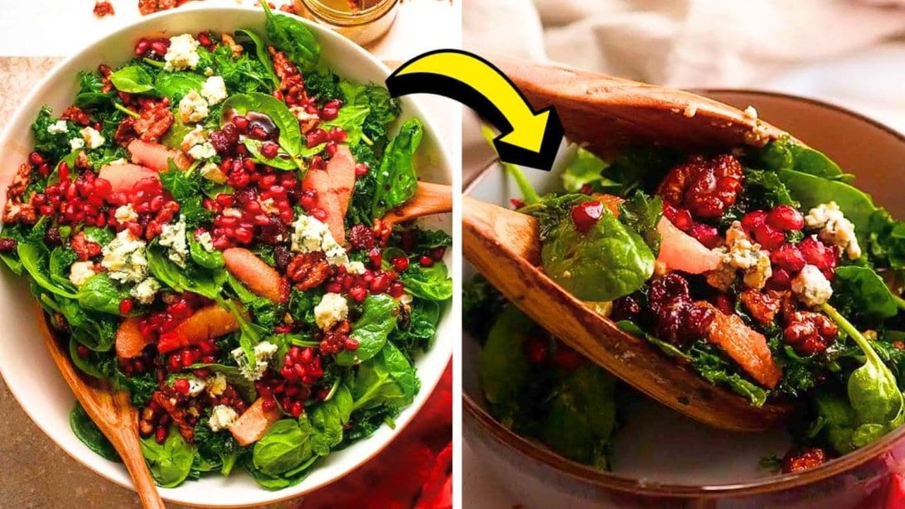 Spinach, Kale and Pomegranate Salad Recipe Two panel spinach kale and pomegranate salad graphic with pink citrus segments and a yellow arrow between panels