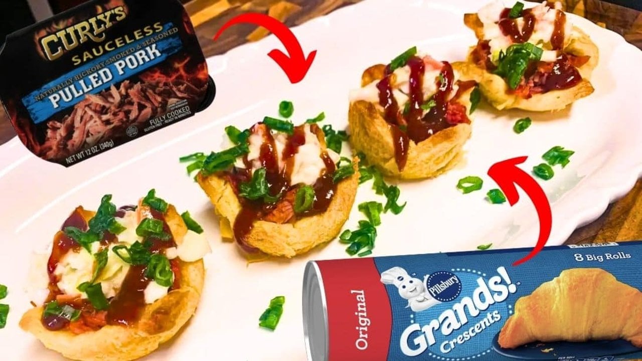 Easy Pulled Pork Crescent Cups Pulled pork crescent cups baked in a muffin tin, topped with barbecue sauce, coleslaw and sliced green onion