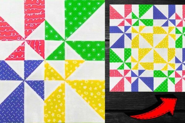 Finished Easy Whirligig Quilt Block for Beginners, a completed DIY project