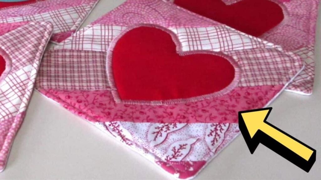 Finished Easy Quilted Valentine’s Day Heart Coasters, a completed DIY project