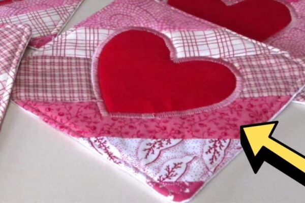 Finished Easy Quilted Valentine’s Day Heart Coasters, a completed DIY project