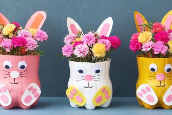 Finished Rabbit-Shaped Flower Pots Using Plastic Bottles, a completed DIY project