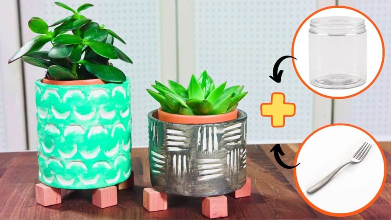 Repurposed glass jar planter, two clay wrapped jars with carved texture on small wooden feet holding green succulents