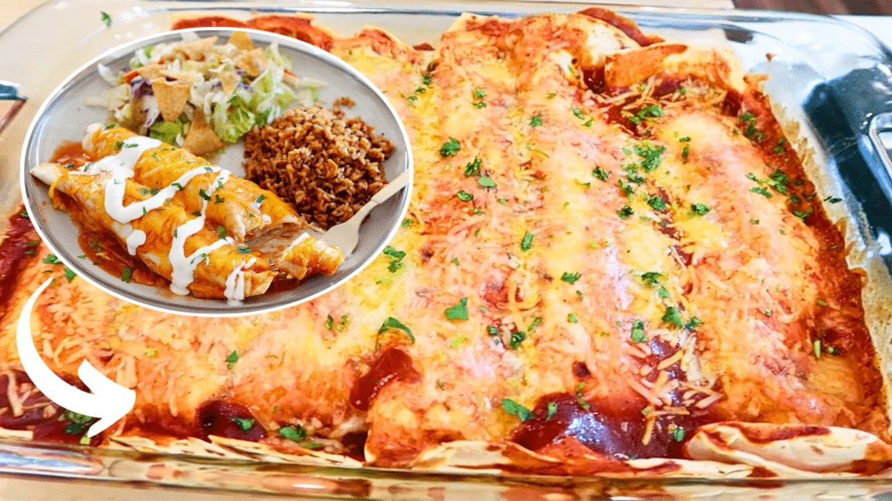 Rotisserie chicken enchiladas rolled in flour tortillas under red sauce and melted cheddar cheese for a quick weeknight meal