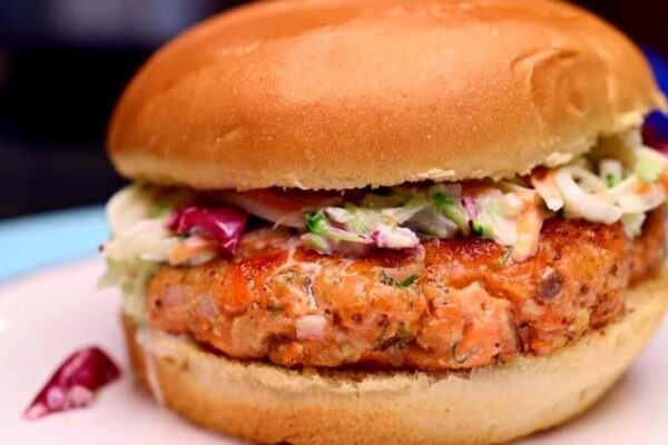 Easy Salmon Slaw Burger, homemade and freshly served