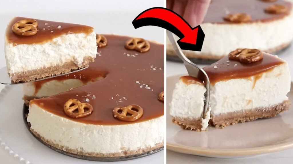 Easy Salted Caramel Cheesecake, homemade and freshly served