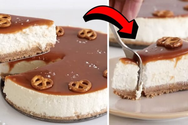 Easy Salted Caramel Cheesecake, homemade and freshly served
