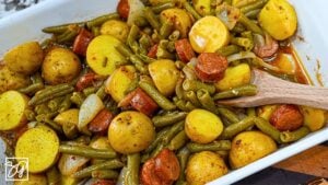 Grandma's Sausage Green Bean Potato Casserole, homemade and freshly served