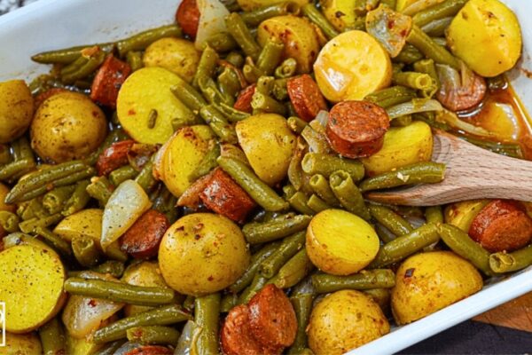 Grandma's Sausage Green Bean Potato Casserole, homemade and freshly served