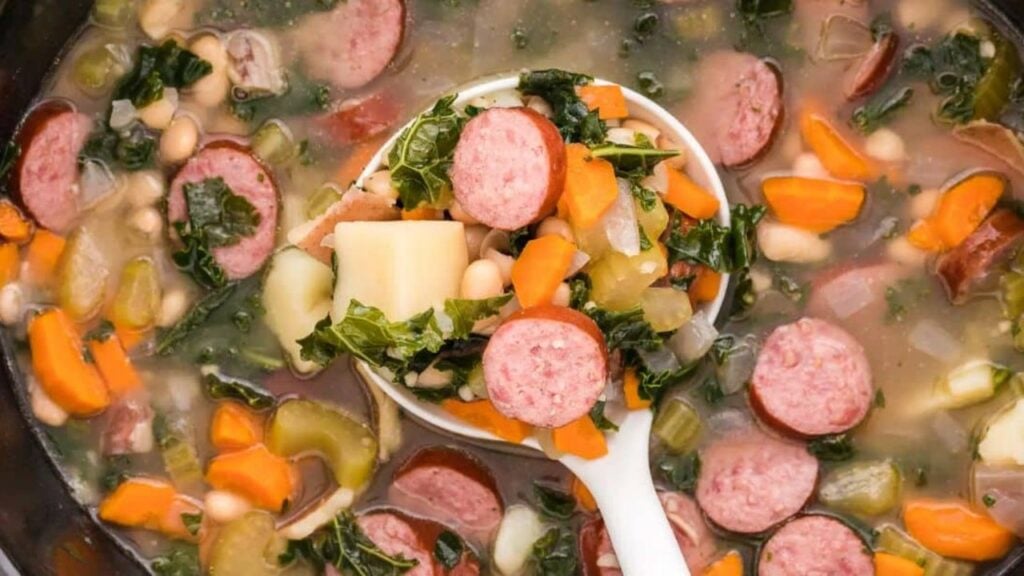 Crockpot Sausage and White Bean Soup, homemade and freshly served