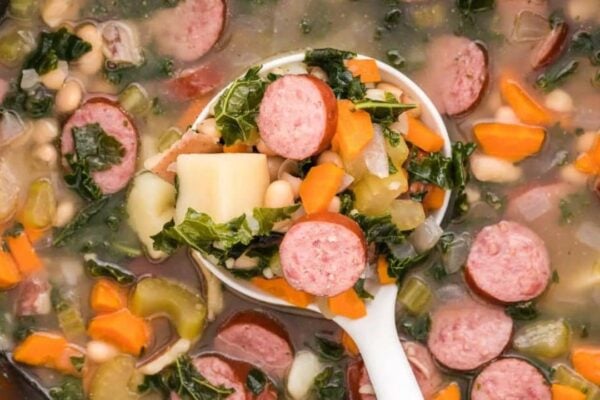 Crockpot Sausage and White Bean Soup, homemade and freshly served