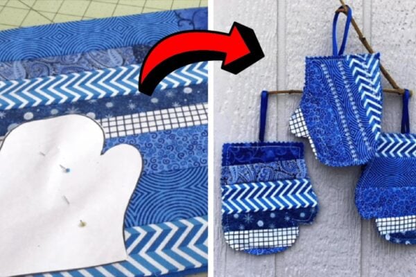 Finished Easy Scrappy Mitten Ornaments, a completed DIY project