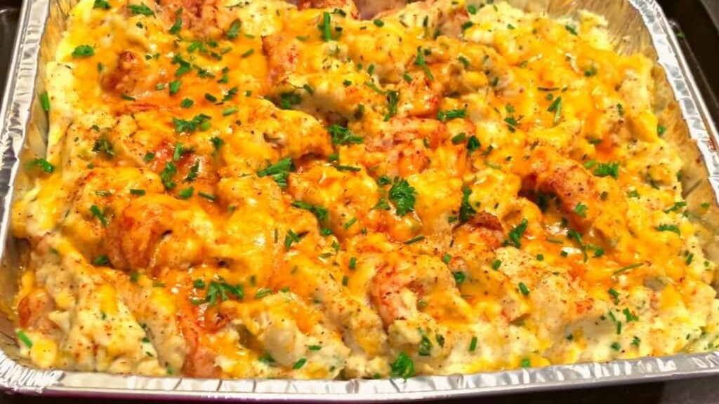 Cheesy Shrimp & Potato Casserole, homemade and freshly served