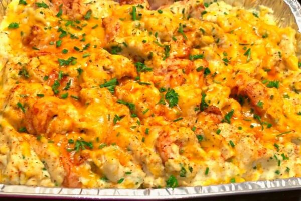 Cheesy Shrimp & Potato Casserole, homemade and freshly served