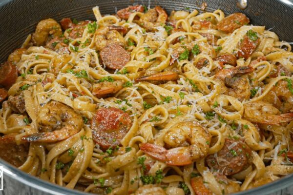 Easy Shrimp and Sausage Cajun Pasta, homemade and freshly served